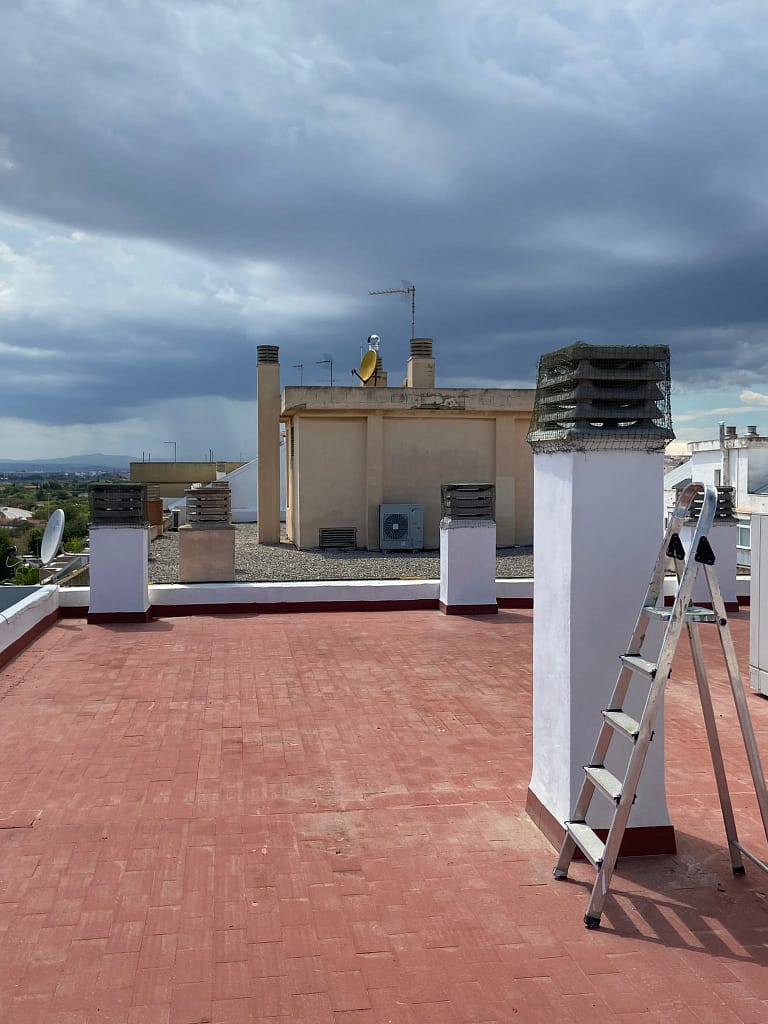 Instalación de redes en chimeneas comunitarias para prevenir la anidación de estorninos